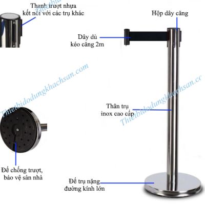 Cột chắn inox trắng 2m dây đen