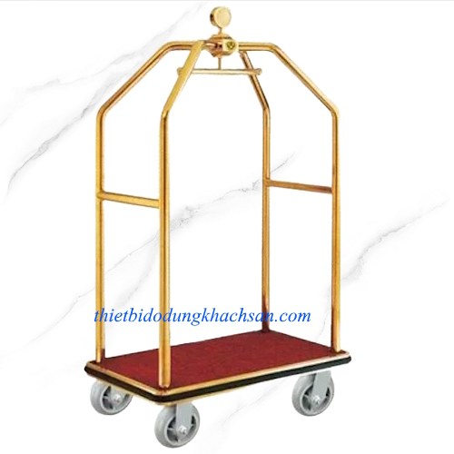 Xe đẩy hành lý inox vàng thảm đỏ